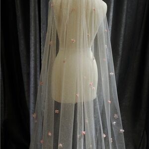 Sheer Sparkle Bridal Veil with Pink Floral Appliqués